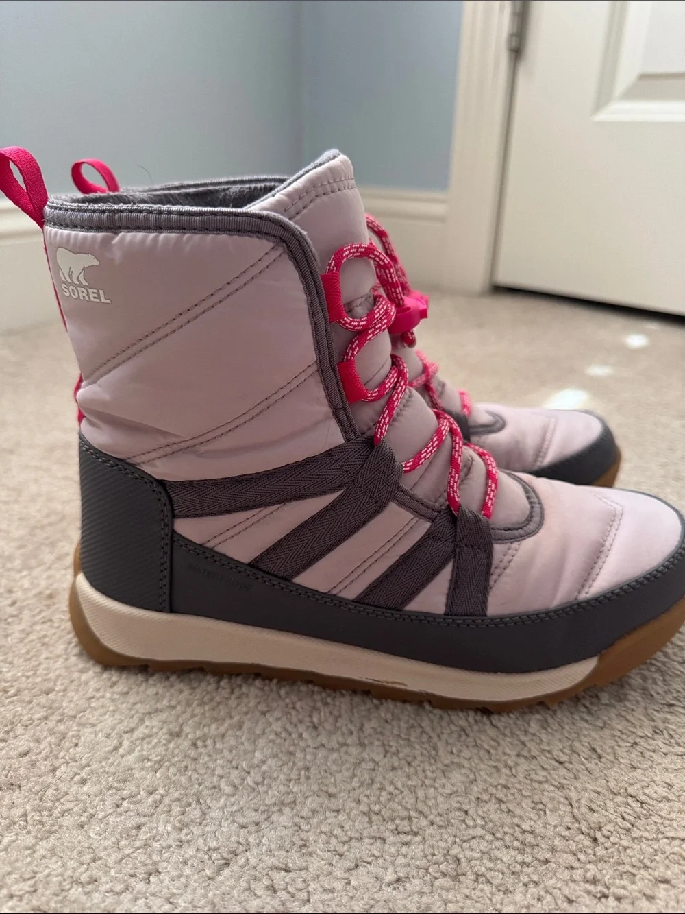 Kids Sz 5 Sorel Pink, Gray Quilted Winter Lace-Up Snow Boots